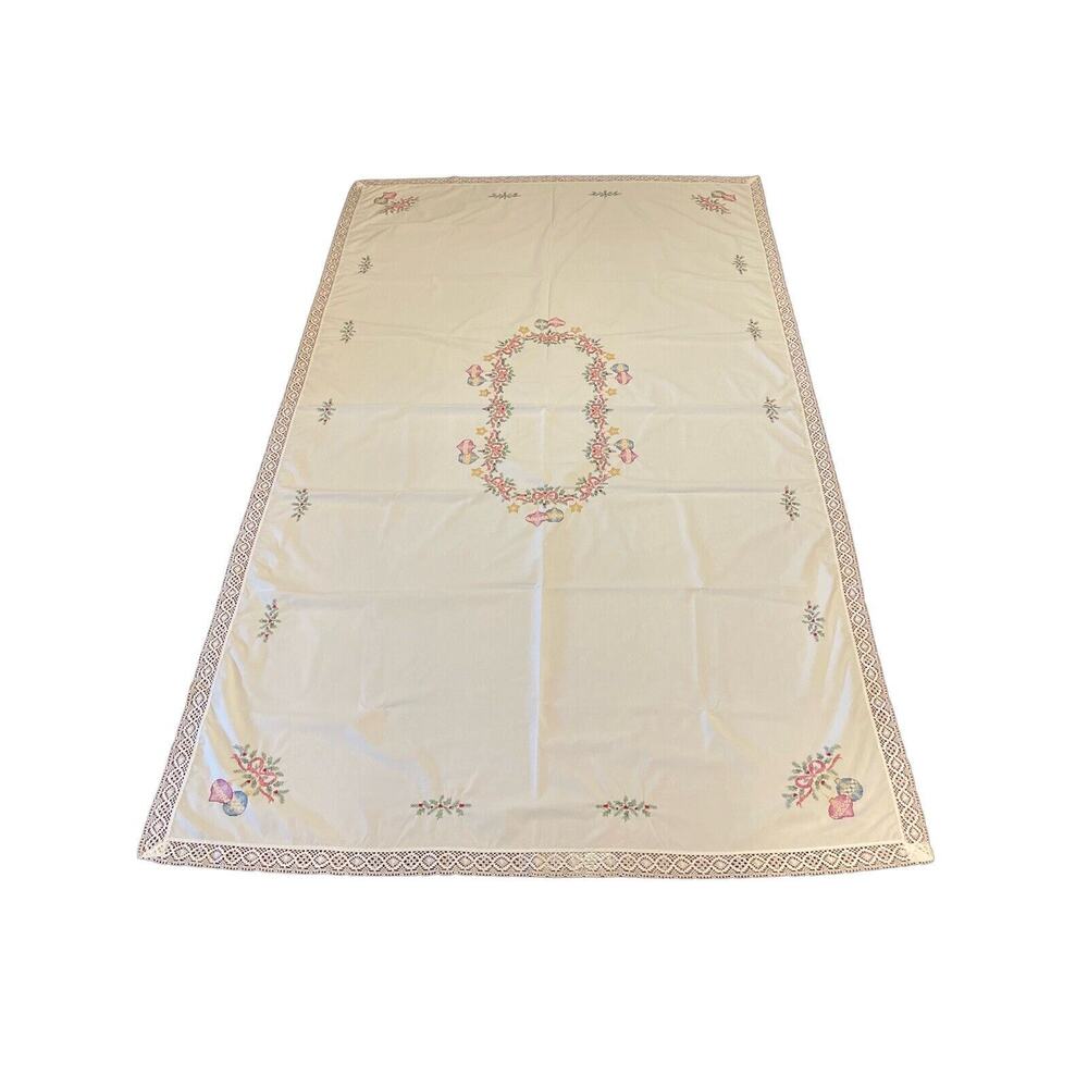 Vintage Bucilla Cross Stitch Christmas Baubles 60” x 104” Completed Tablecloth